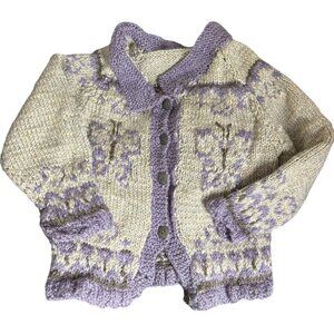 Hand Knit Wool Cardigan Sweater Toddler 4T Purple Grey Butterflies Buttons
